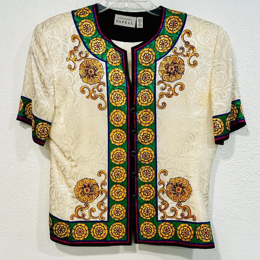 Adrianna Papell Silk Blouse Vintage 80s MultiColor Short Slvs Lined EUC Size 12
